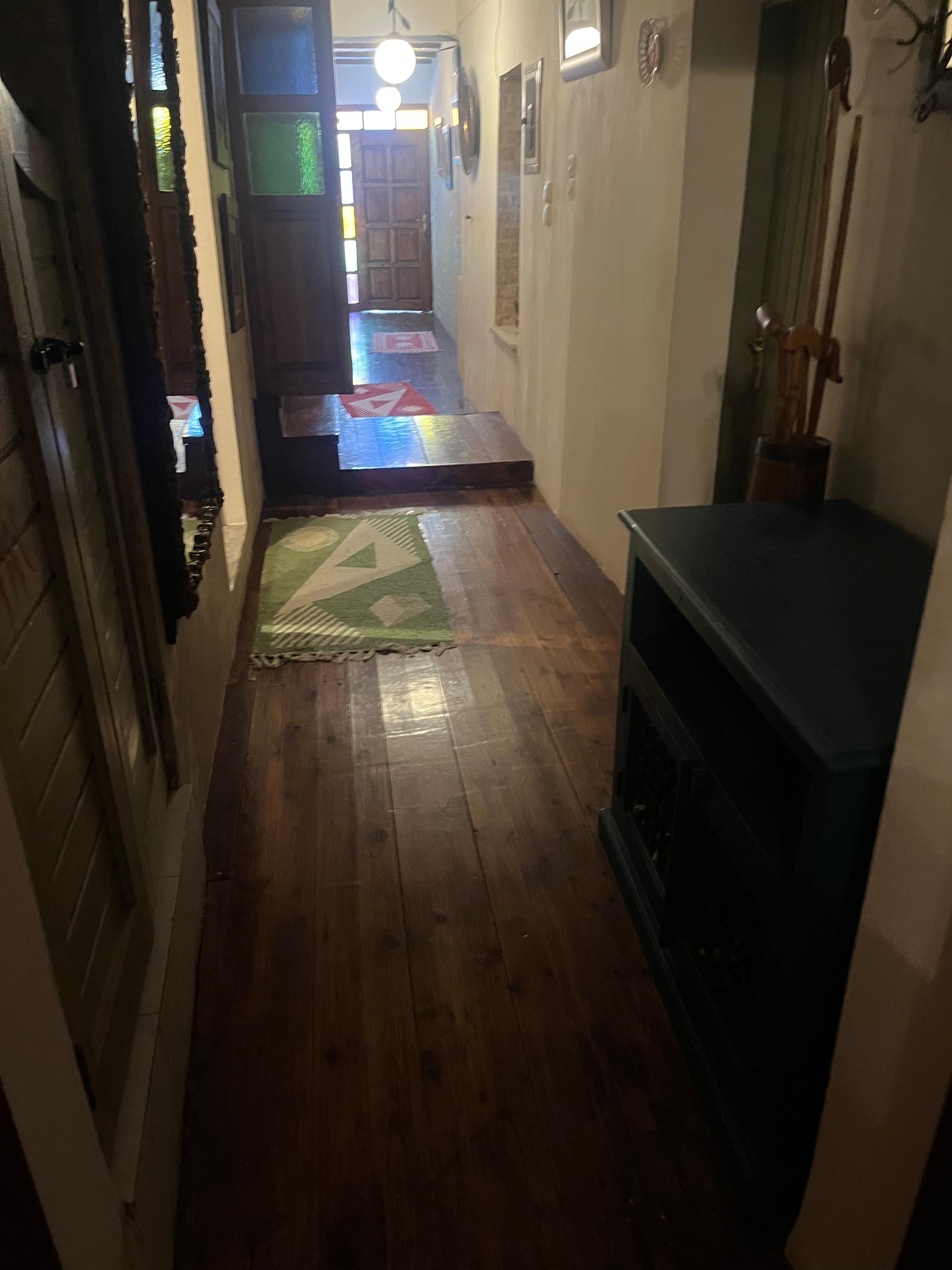 Badly lit steps throughout