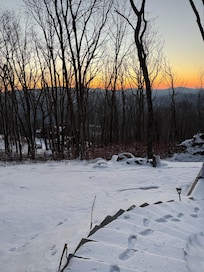 Steps to the fire pit, lots of snow when we arrived!