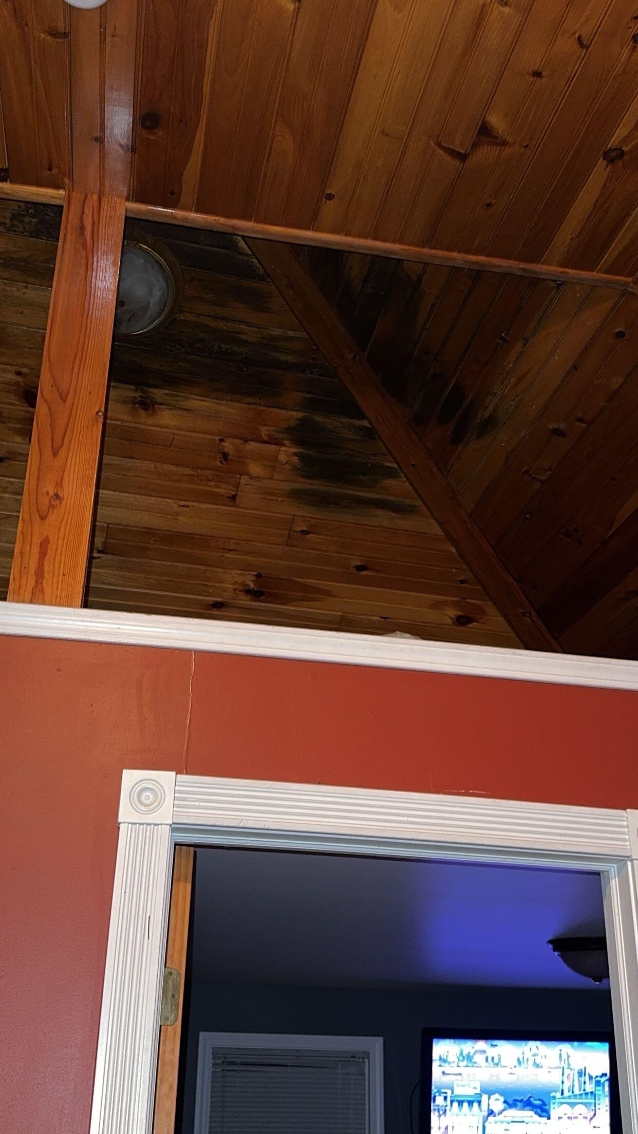 This ceiling had water visibly dripping as it rained on our way there. 