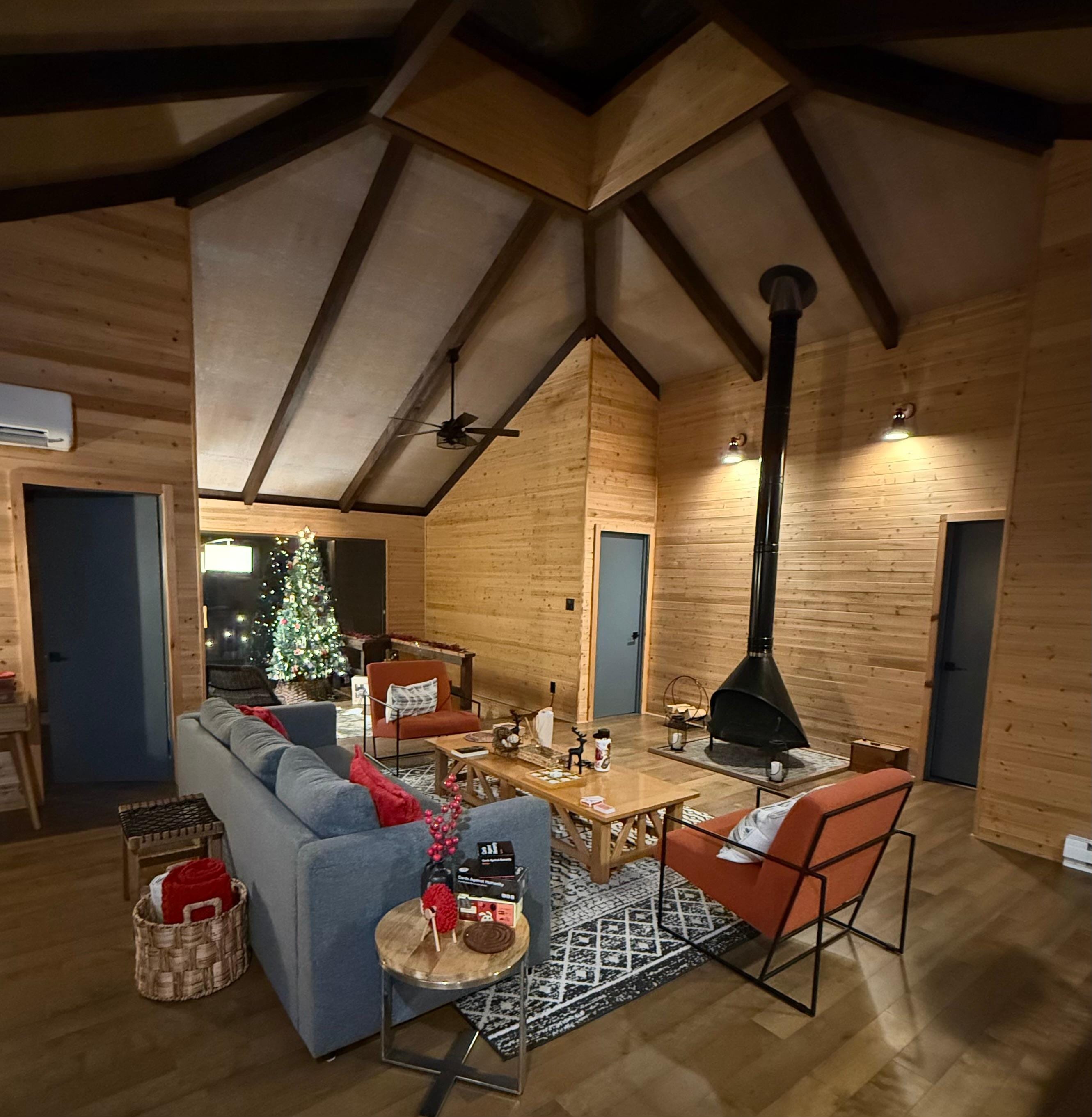 Great room decorated for the holidays. 