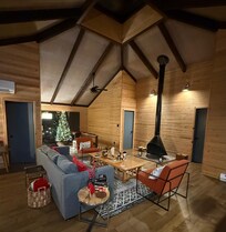 Great room decorated for the holidays.