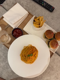 Room service of spaghetti & wagyu sliders