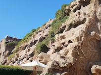 Looking up at hotel block from lazy river