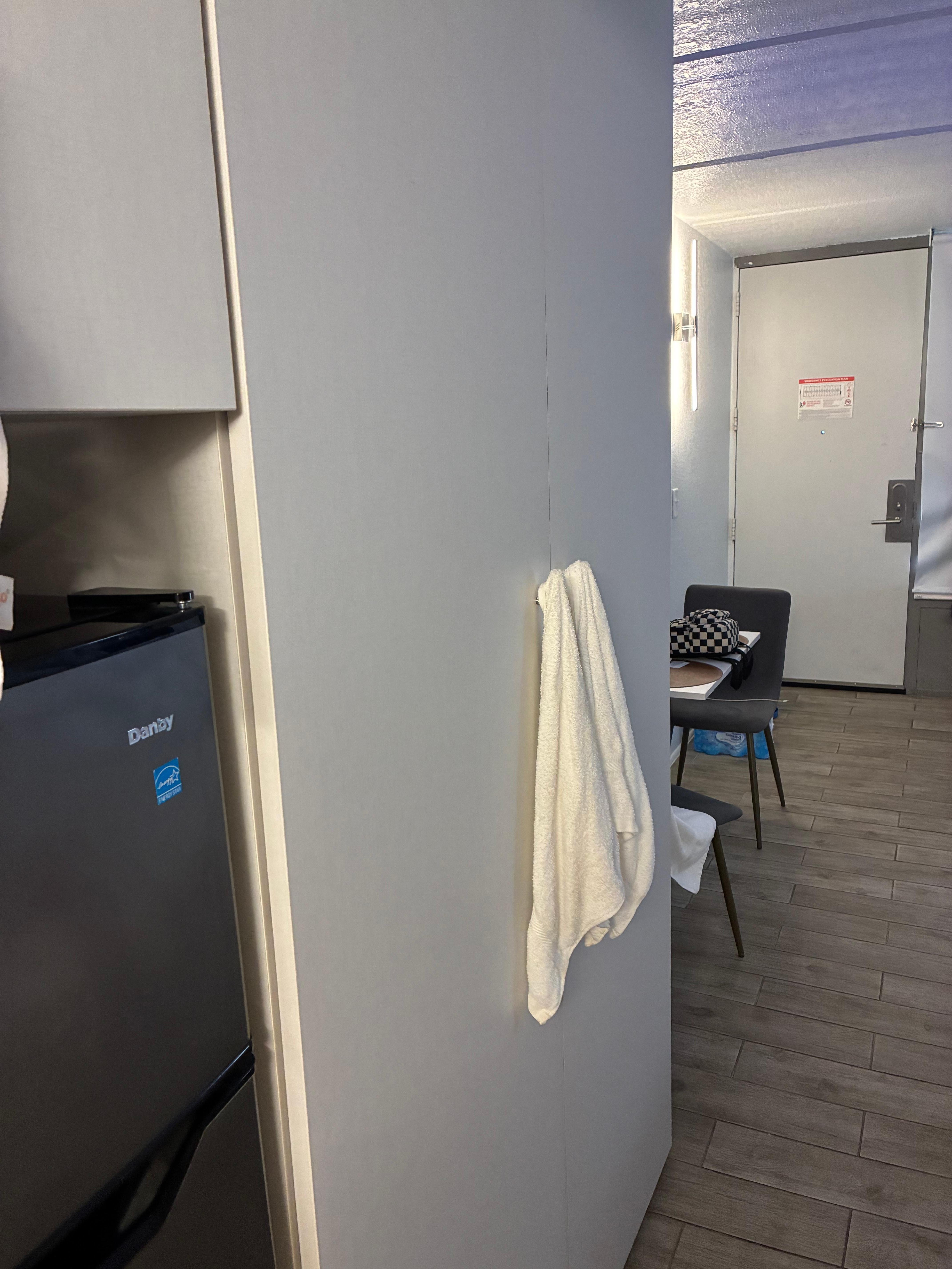 Towels hanging everywhere to dry 