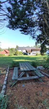 Blick aus dem Waldgarten auf die "Liegewiese" mit den beiden Gebäuden