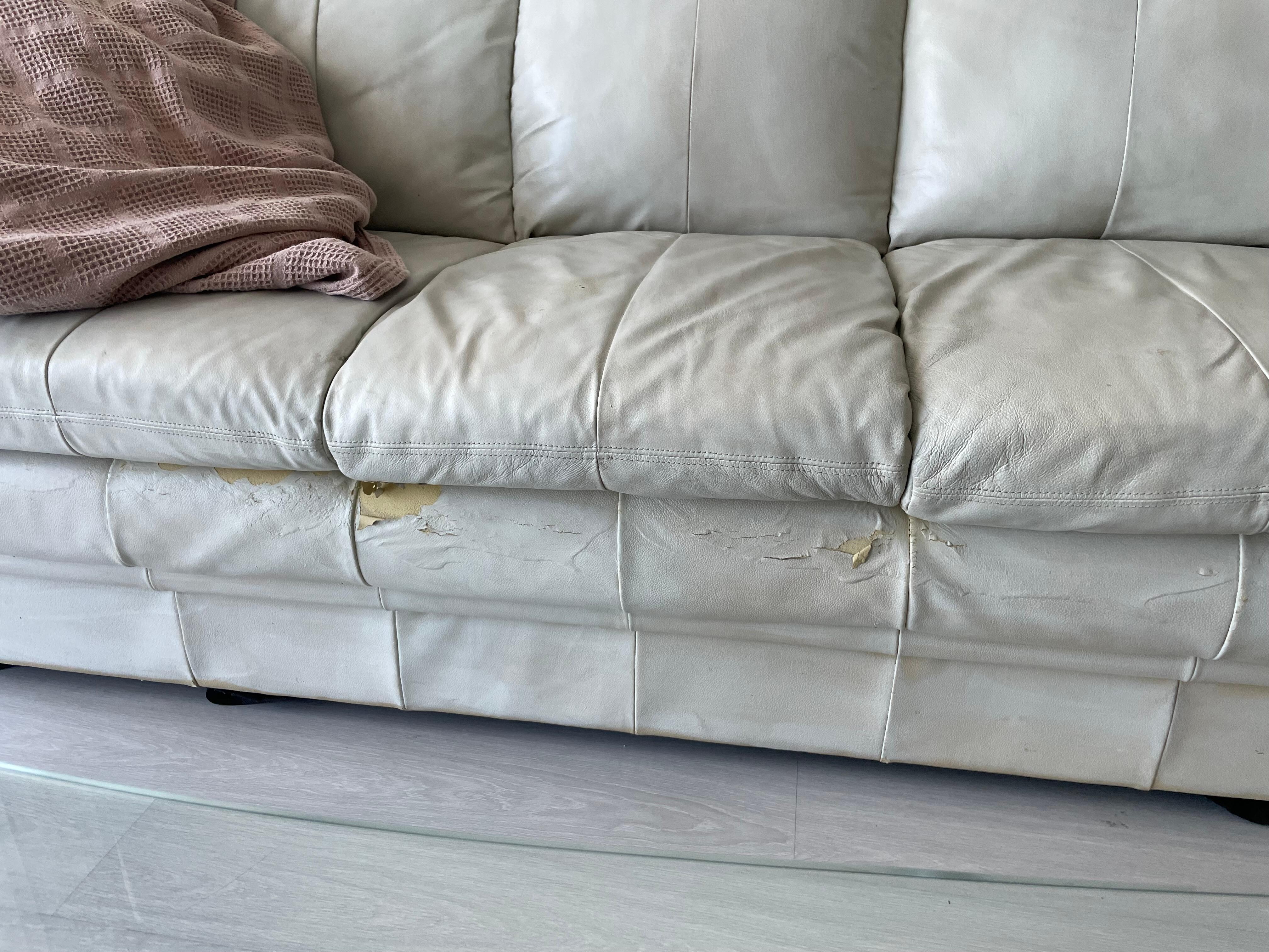 Couch had stayed and peaces of the leather missing. Should put a dog on it. Absolutely disgusting 