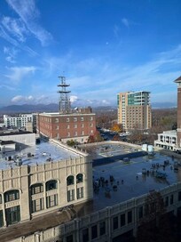 Room view of the Blue Ridge Mountains from the Cambria Hotel in Downtown Asheville