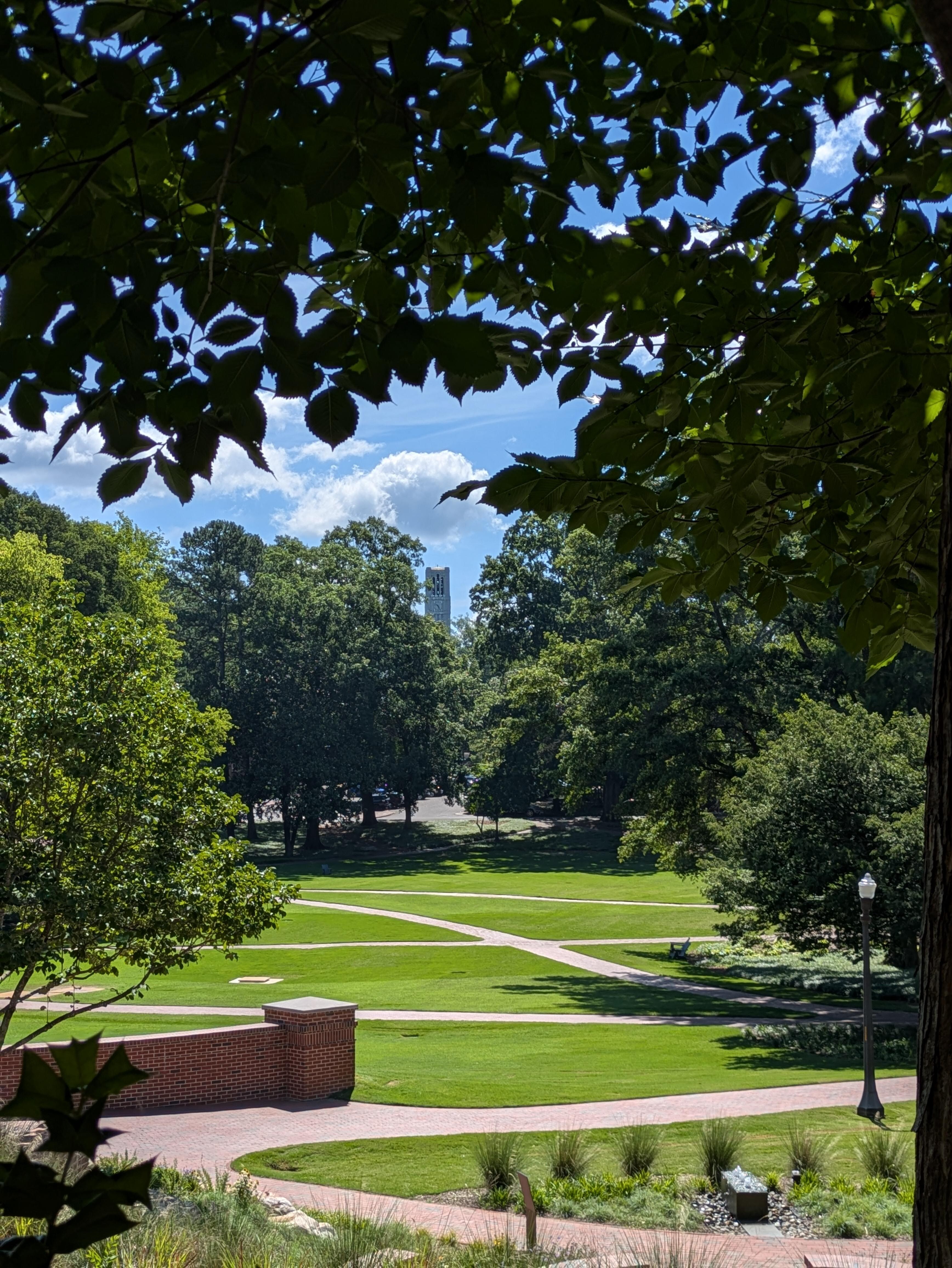 Greenspace with WWI Memorial bell tower in background