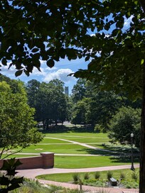 Greenspace with WWI Memorial bell tower in background