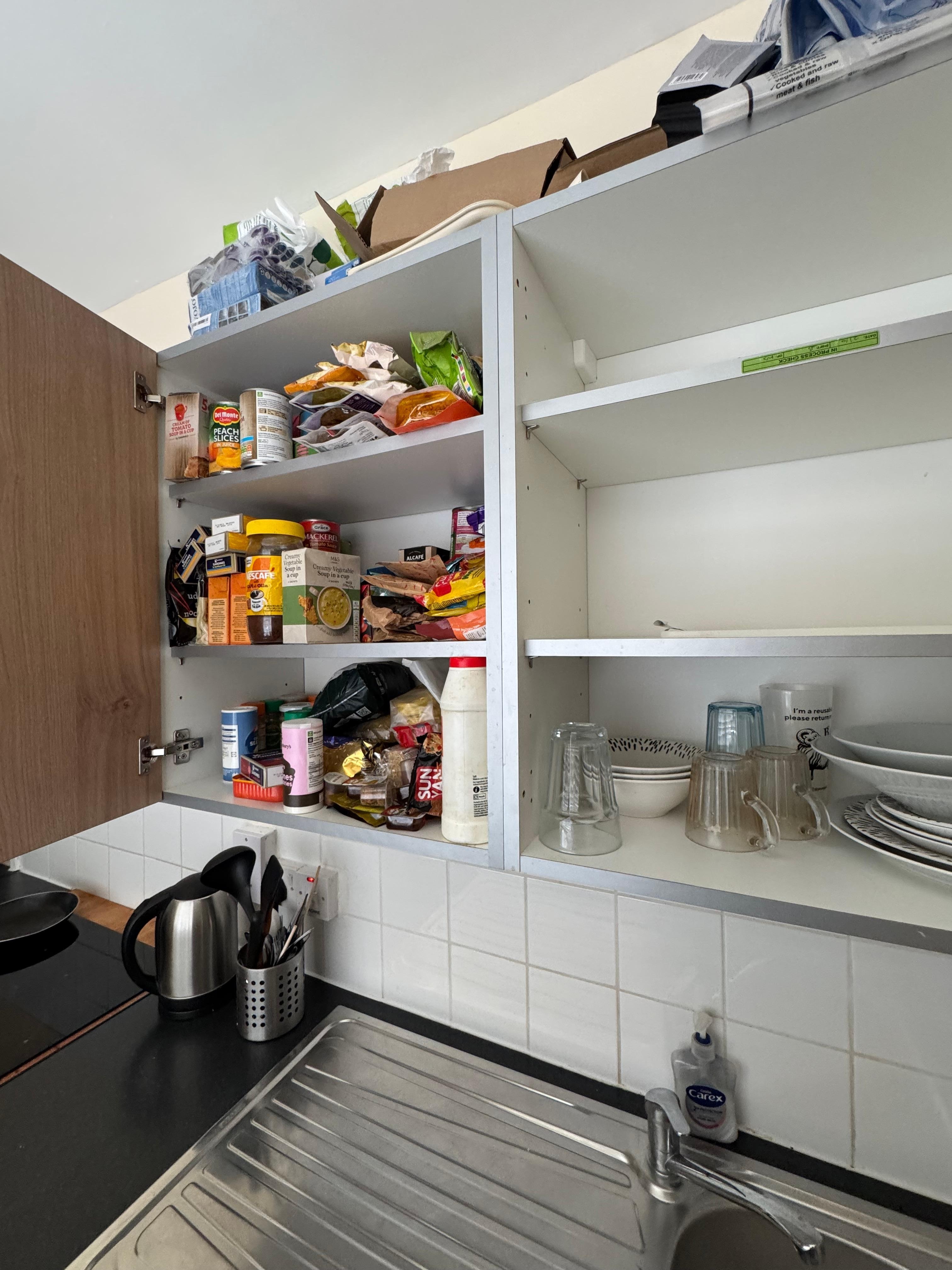 Kitchen cabinets are full of Owners items. 