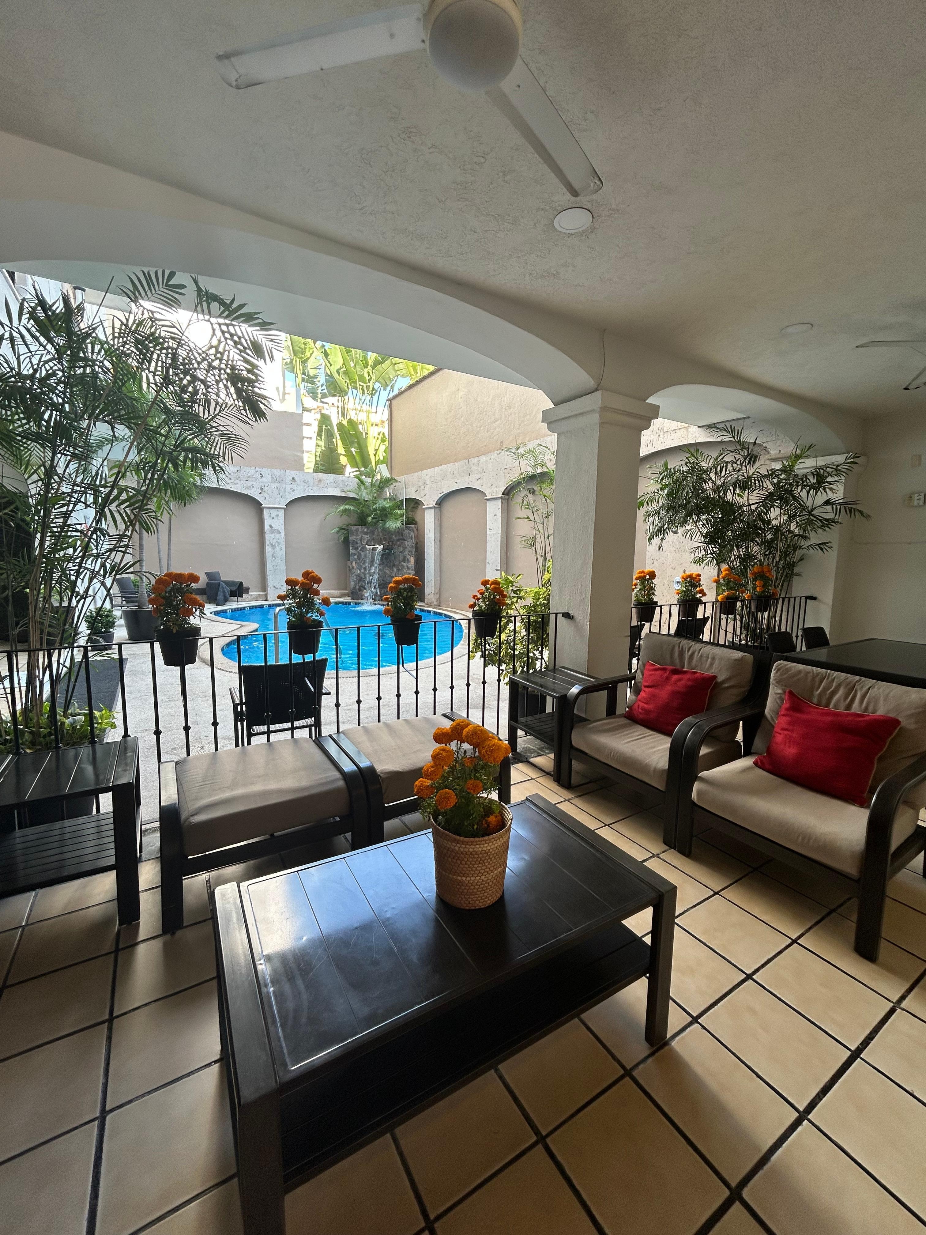 Lobby and bottom floor pool (there’s rooftop pool too.