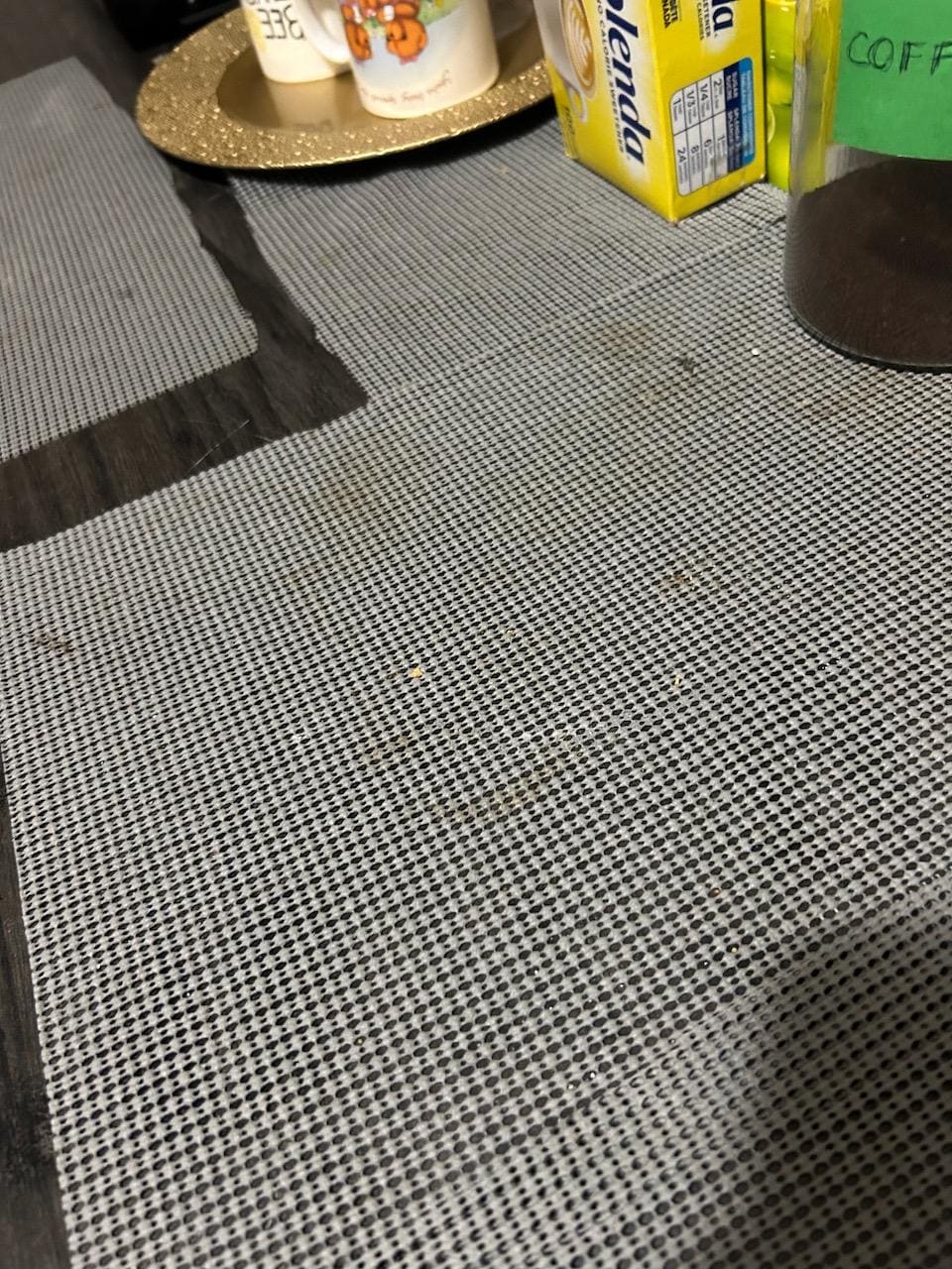 dirty 'kitchen' counter, food crumbs and other stuff