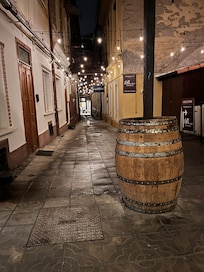 View of the hotel entrance through a narrow alleyway.