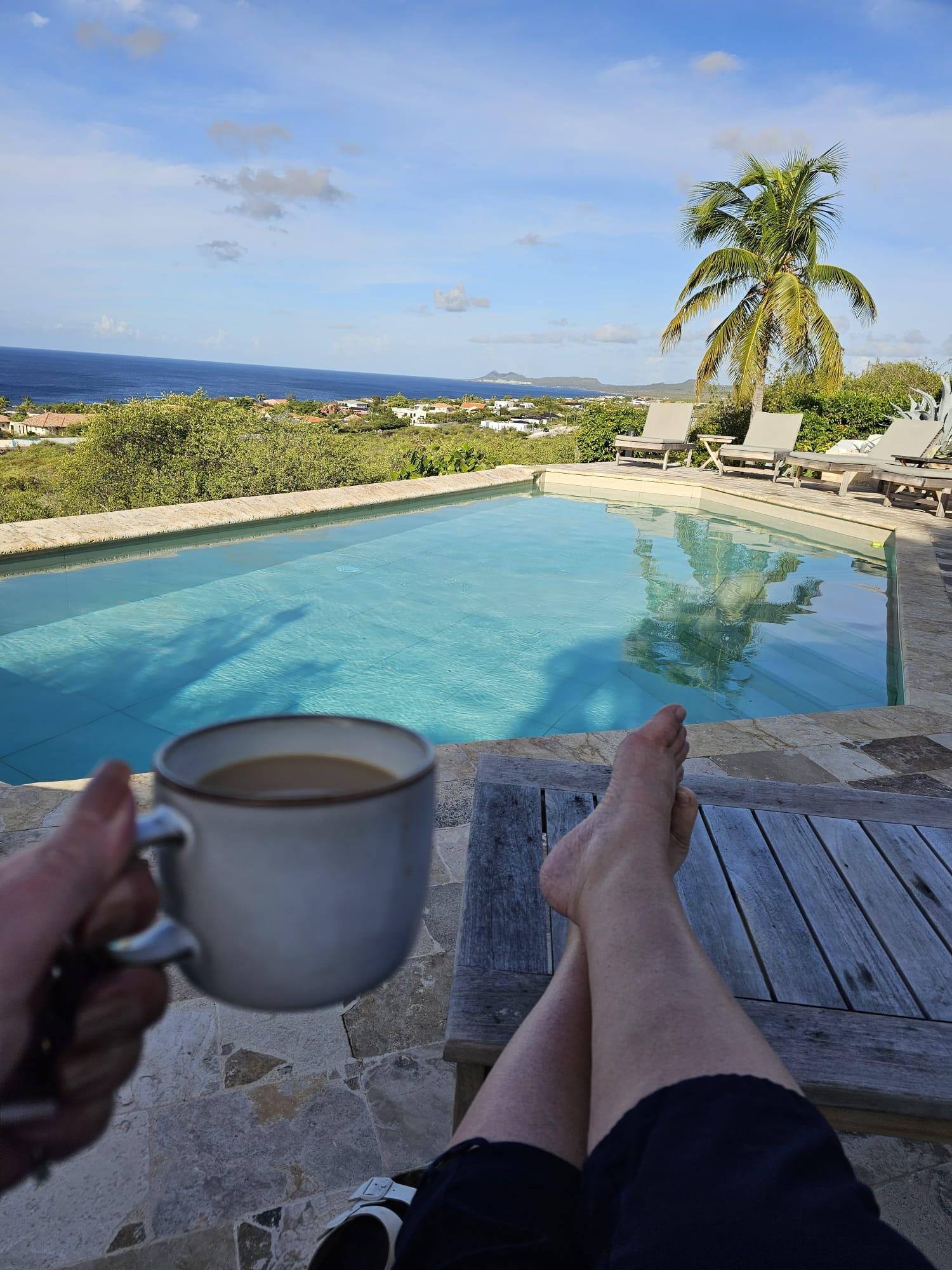 Morning coffee in the shade by the pool, look at that view!