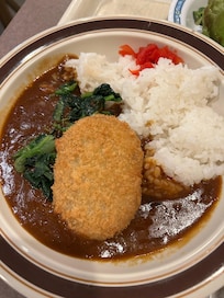 夜は日替定食かカレーか選べる。サラダバーもある。