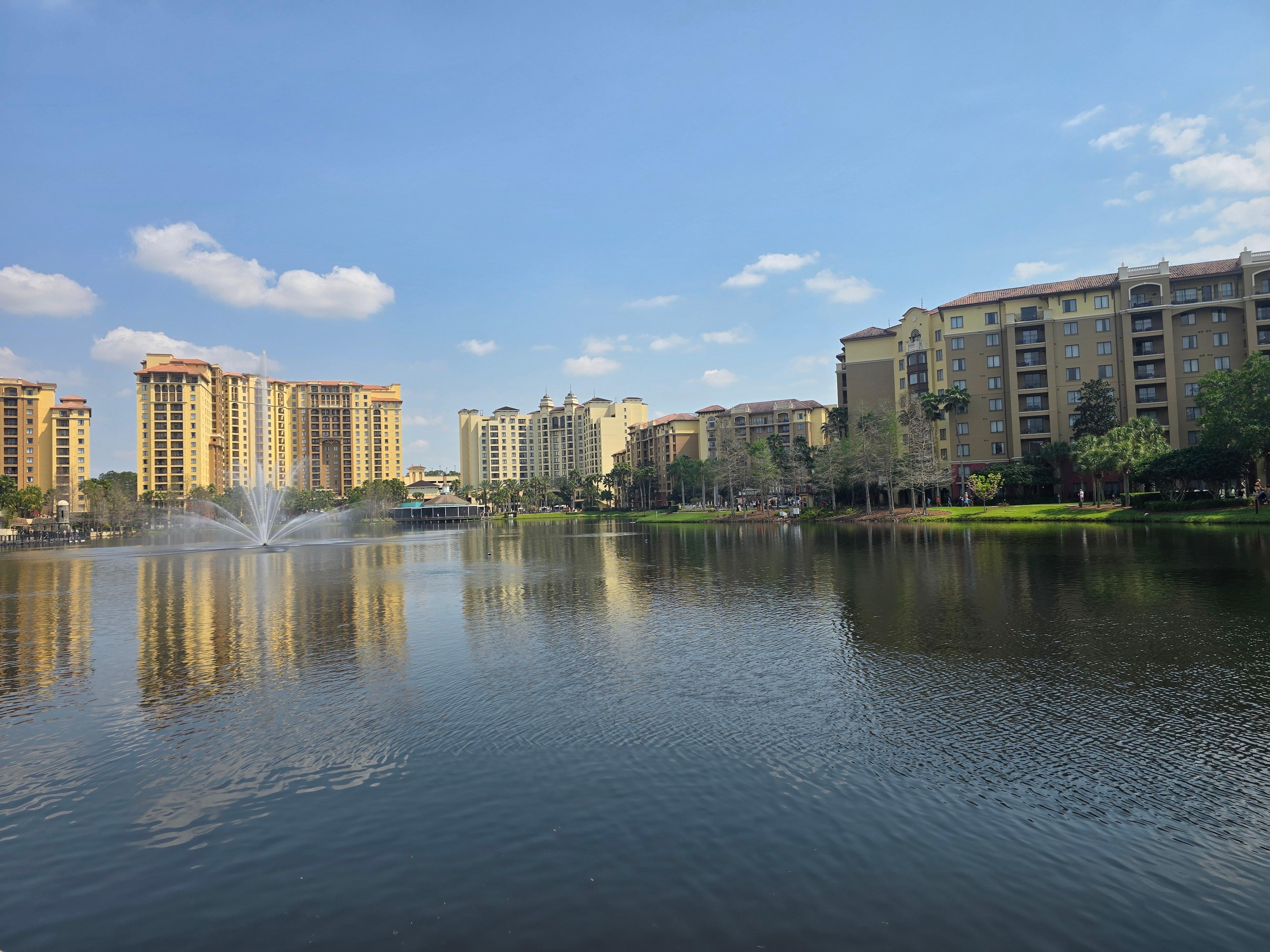 Some of the towers around the koi fish filled pond.