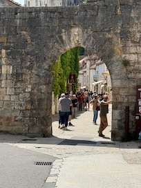 Stone arch to reach hotel.