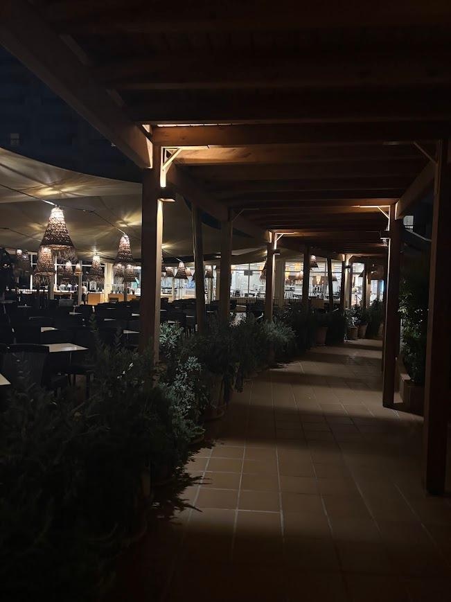 Walkways by the pools at night