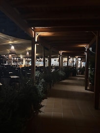 Walkways by the pools at night