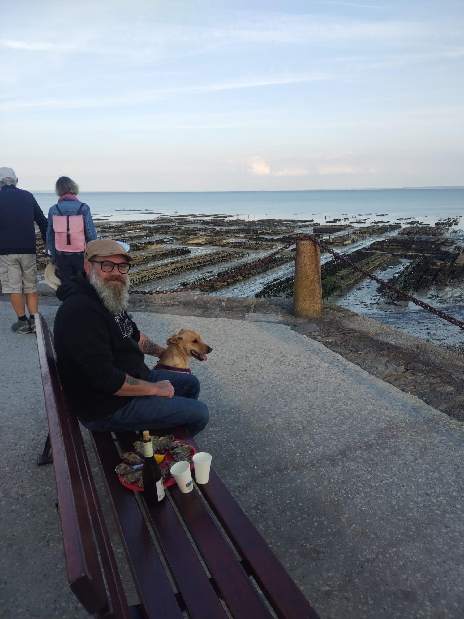Dégustation des huîtres avec une verre de vin blanc sur le port 