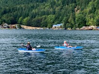 Using provided kayaks for a tour of the lake.