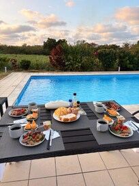 簡単な朝食を用意してプールサイドでいただきました