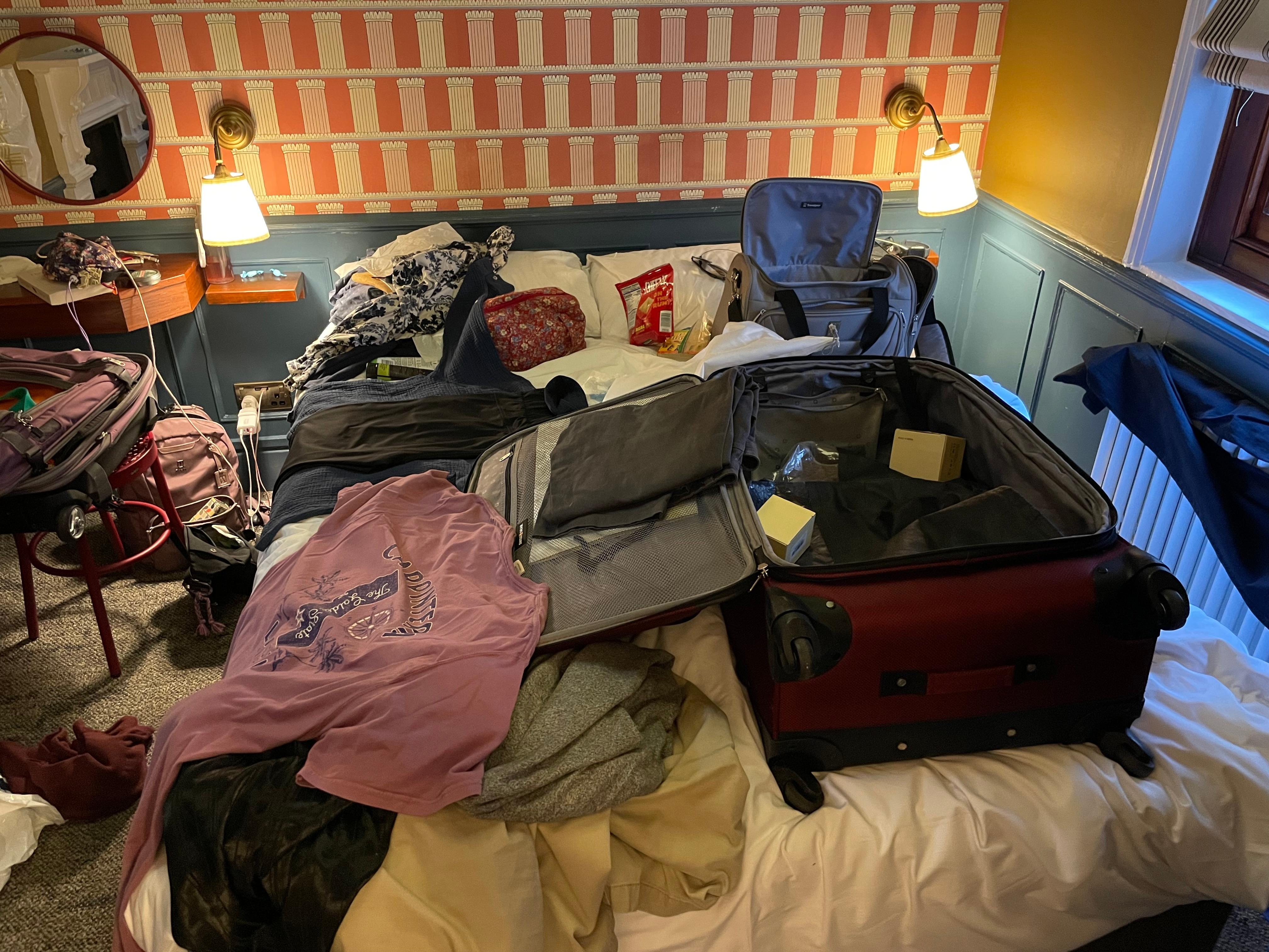 Room with our wet wardrobe laid out on small space