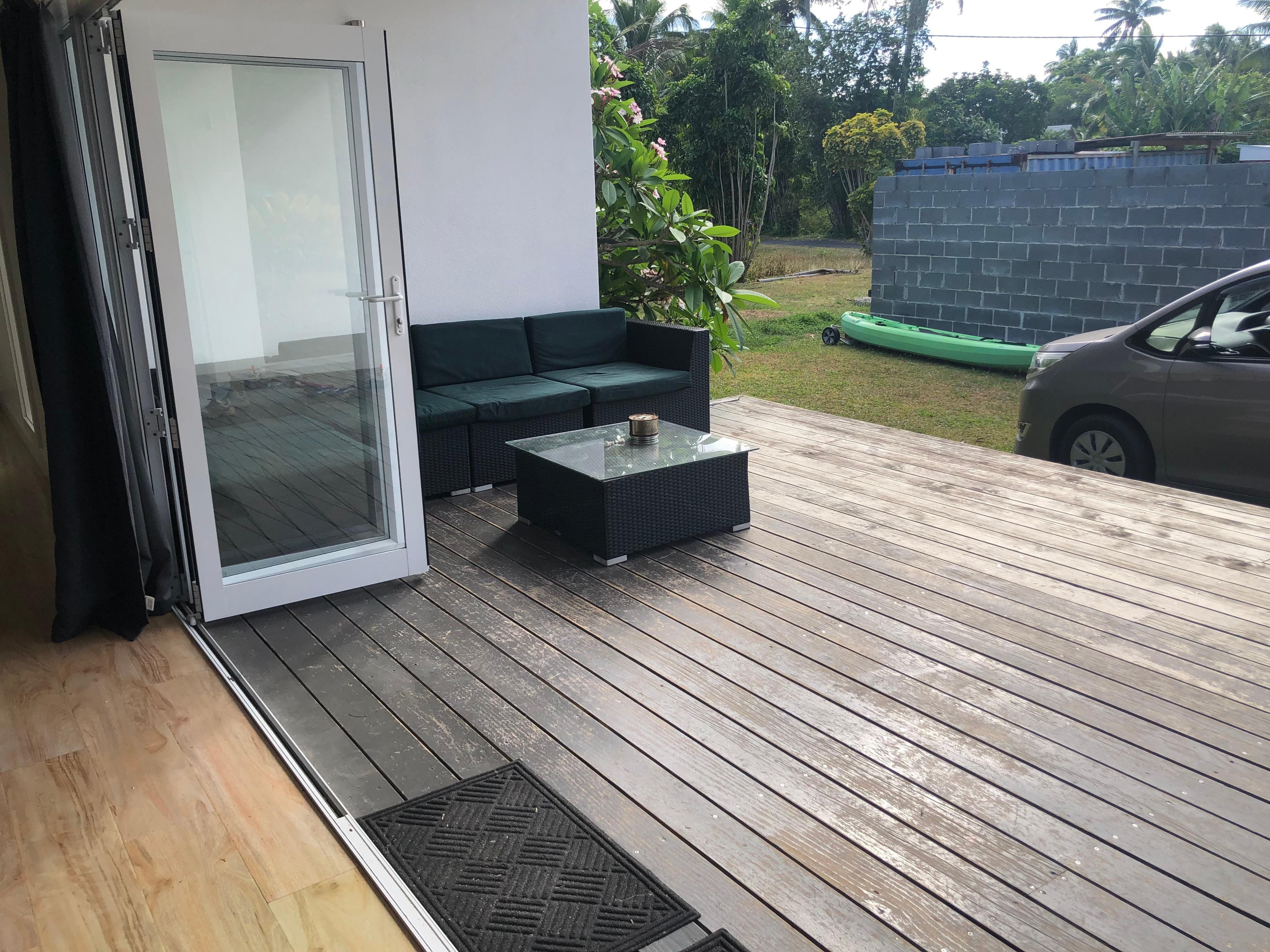 The massive front deck is lovely to sit in the morning or stargazing in he evening