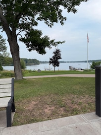 View of the cabin location on the point from the soft serve ice cream place downtown