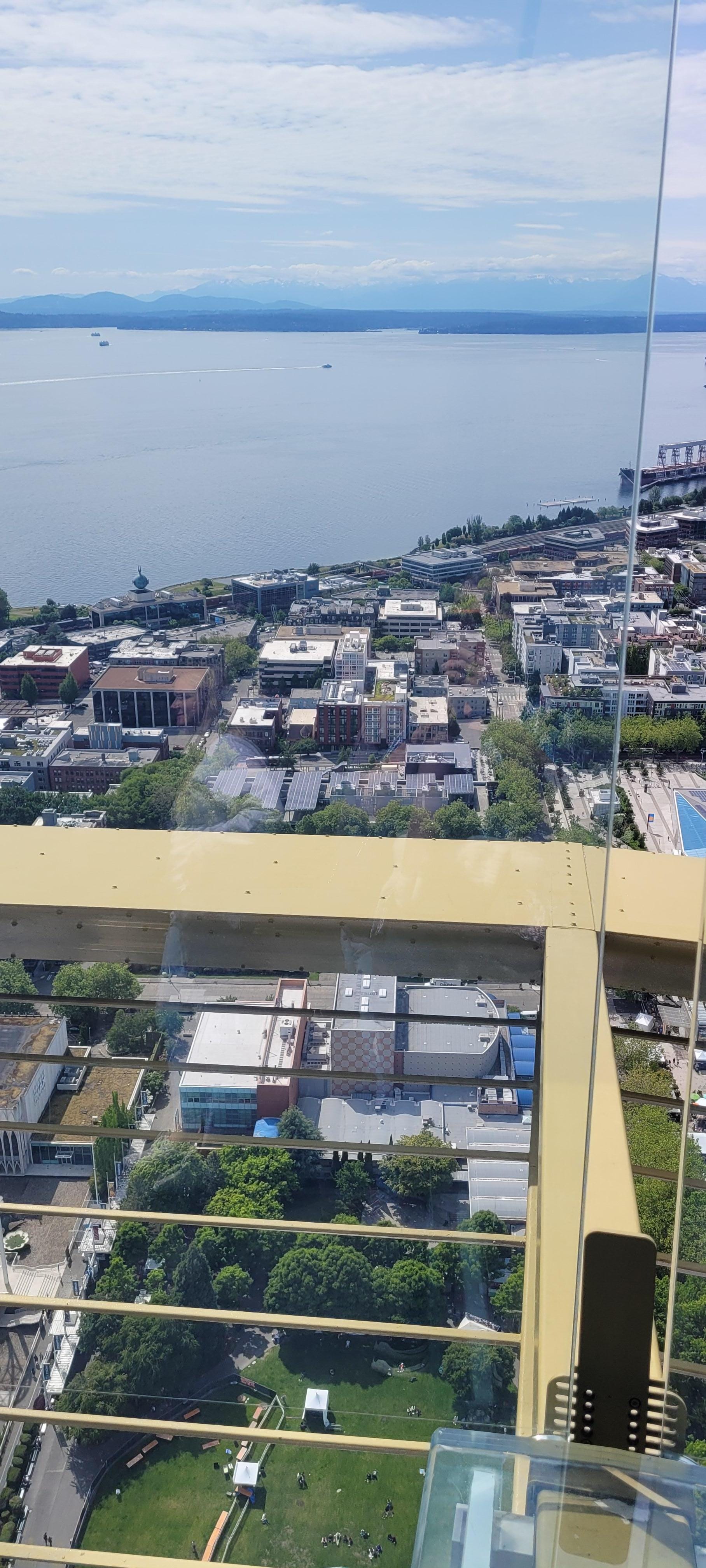 From top of Seattle Space Needle. Hotel is straight ahead, 1 block from Puget Sound.