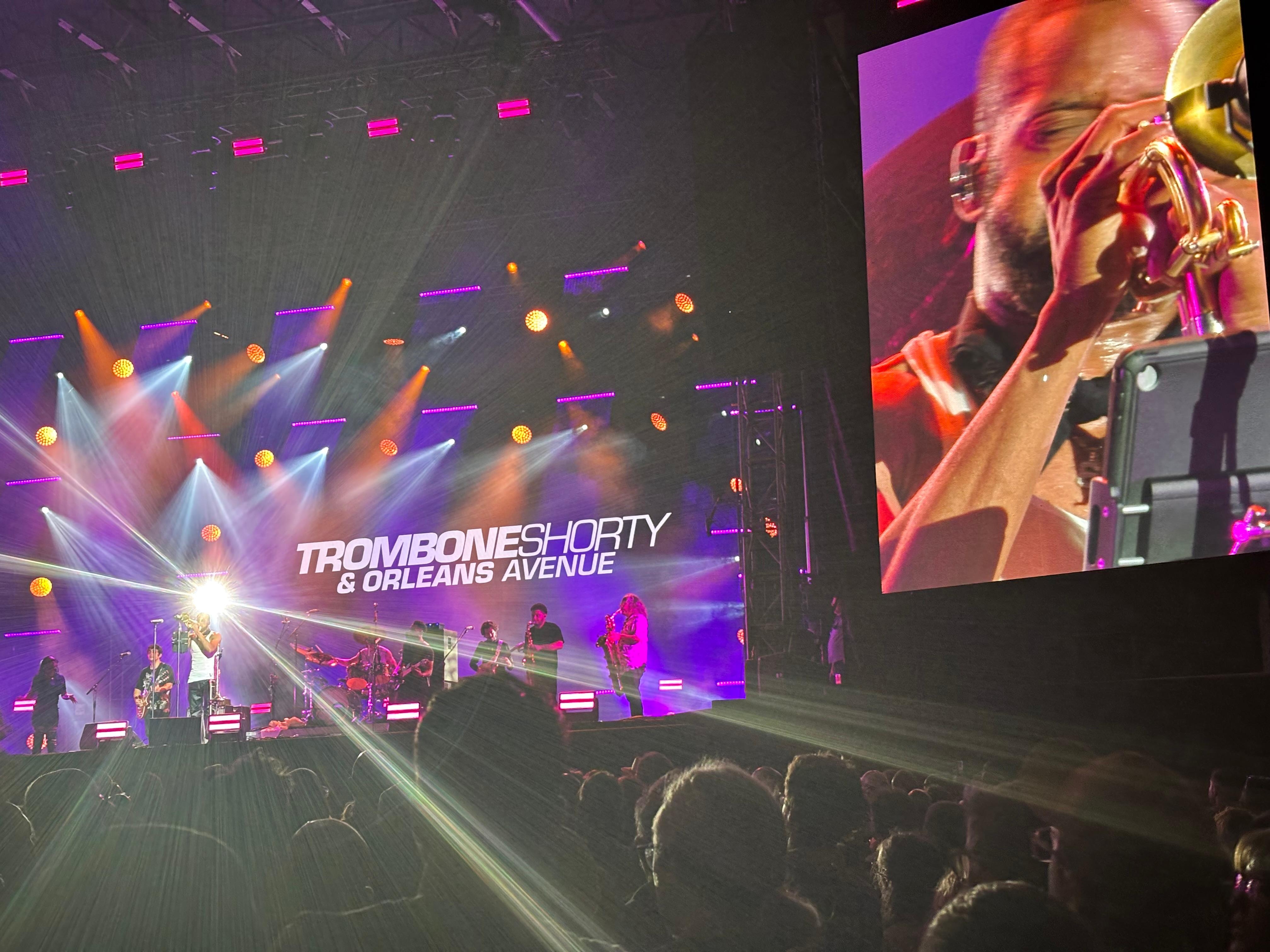 Trombone Shorty,jamming on the trumpet,too! On stage-jammin’- for nearly two hours. Remarkable player,with a band to match.