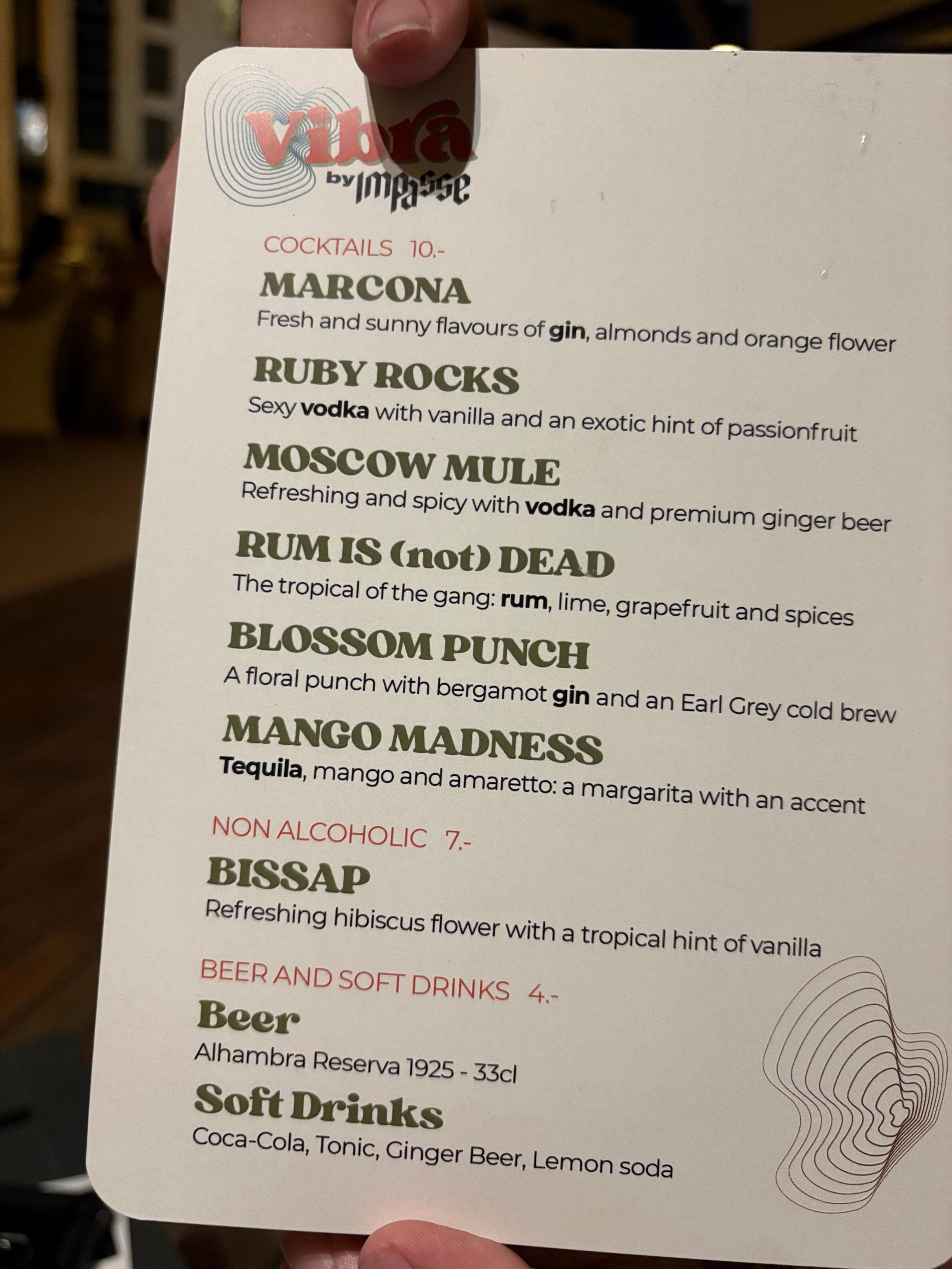 Cocktail menu. The bar is open until
2am so perfect for a nightcap.