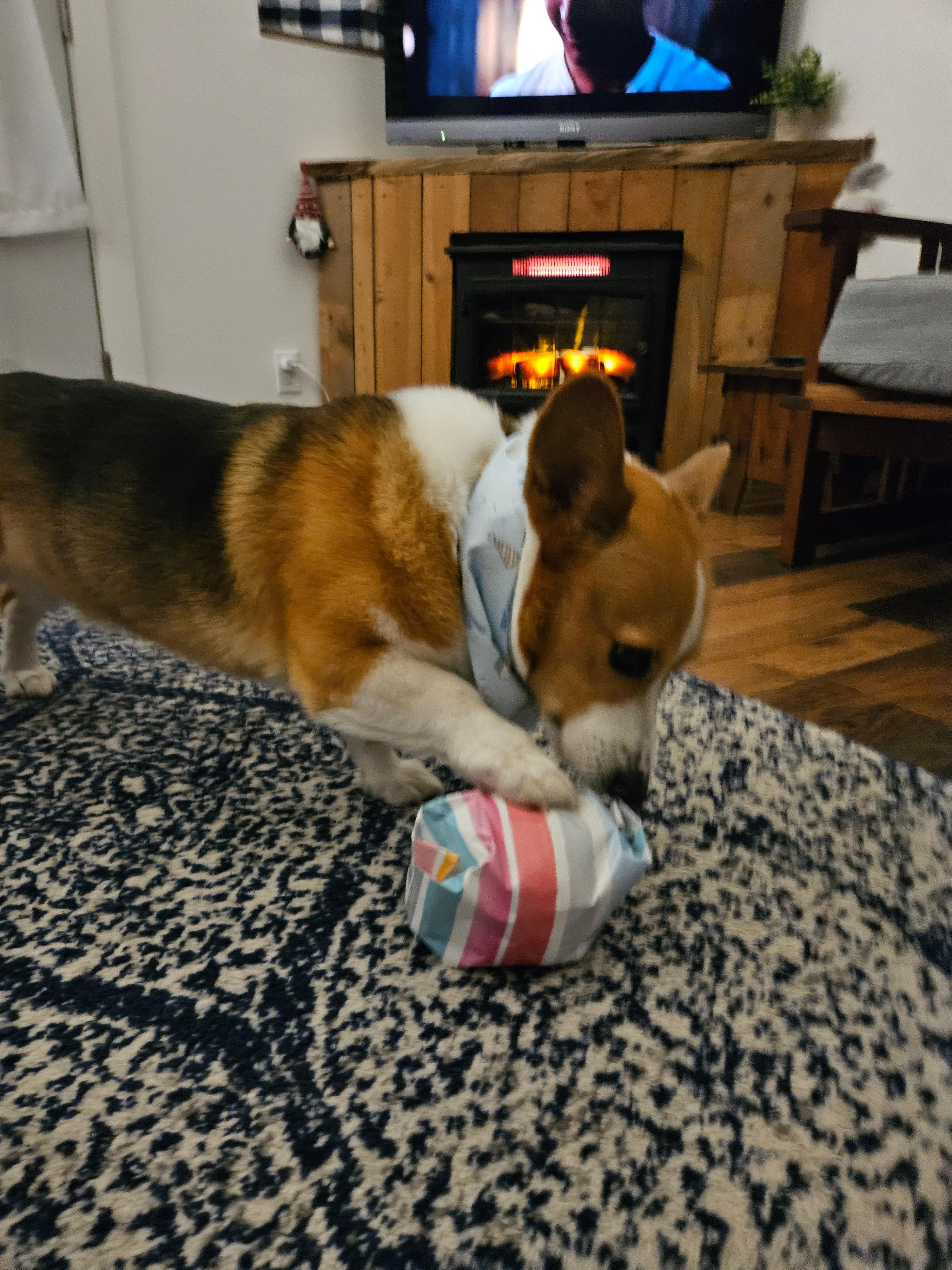 Keeping warm by the fire while opening presents. 