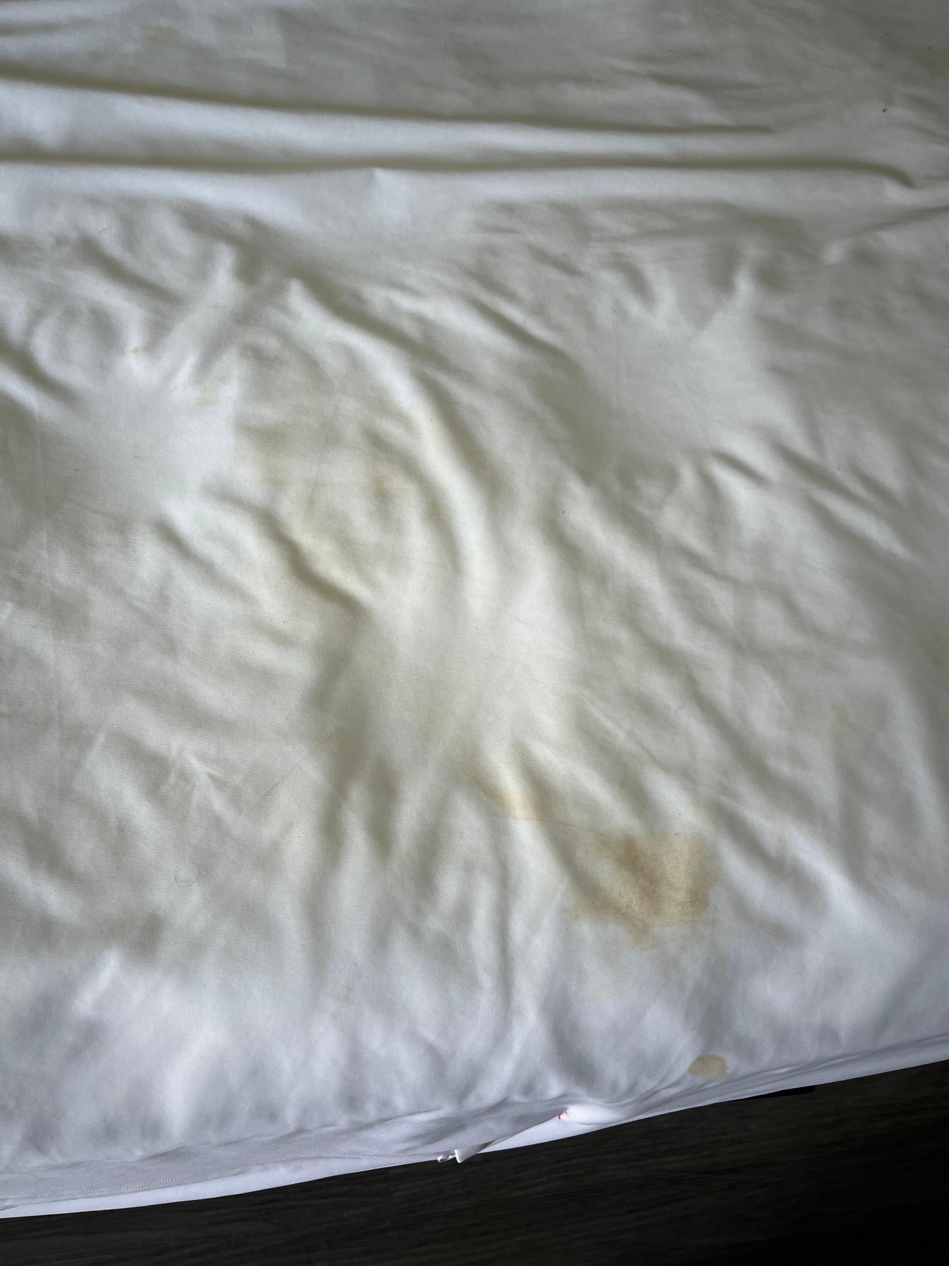 Dirty and stained sheets. Yellow color. Disgusting that we slept on this and didn’t know until morning since it was at the foot of the bed. 