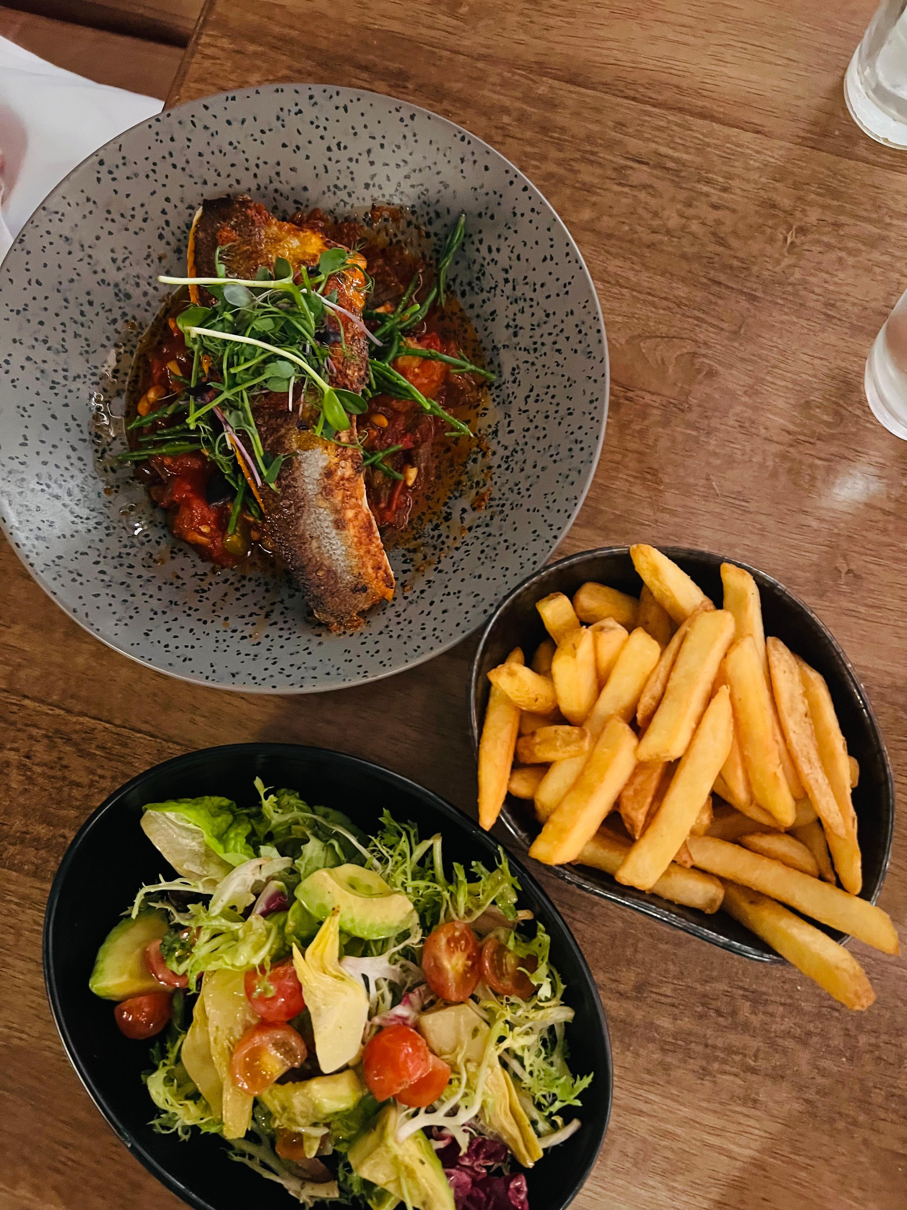 Sea Bass, House Salad and Fries 
