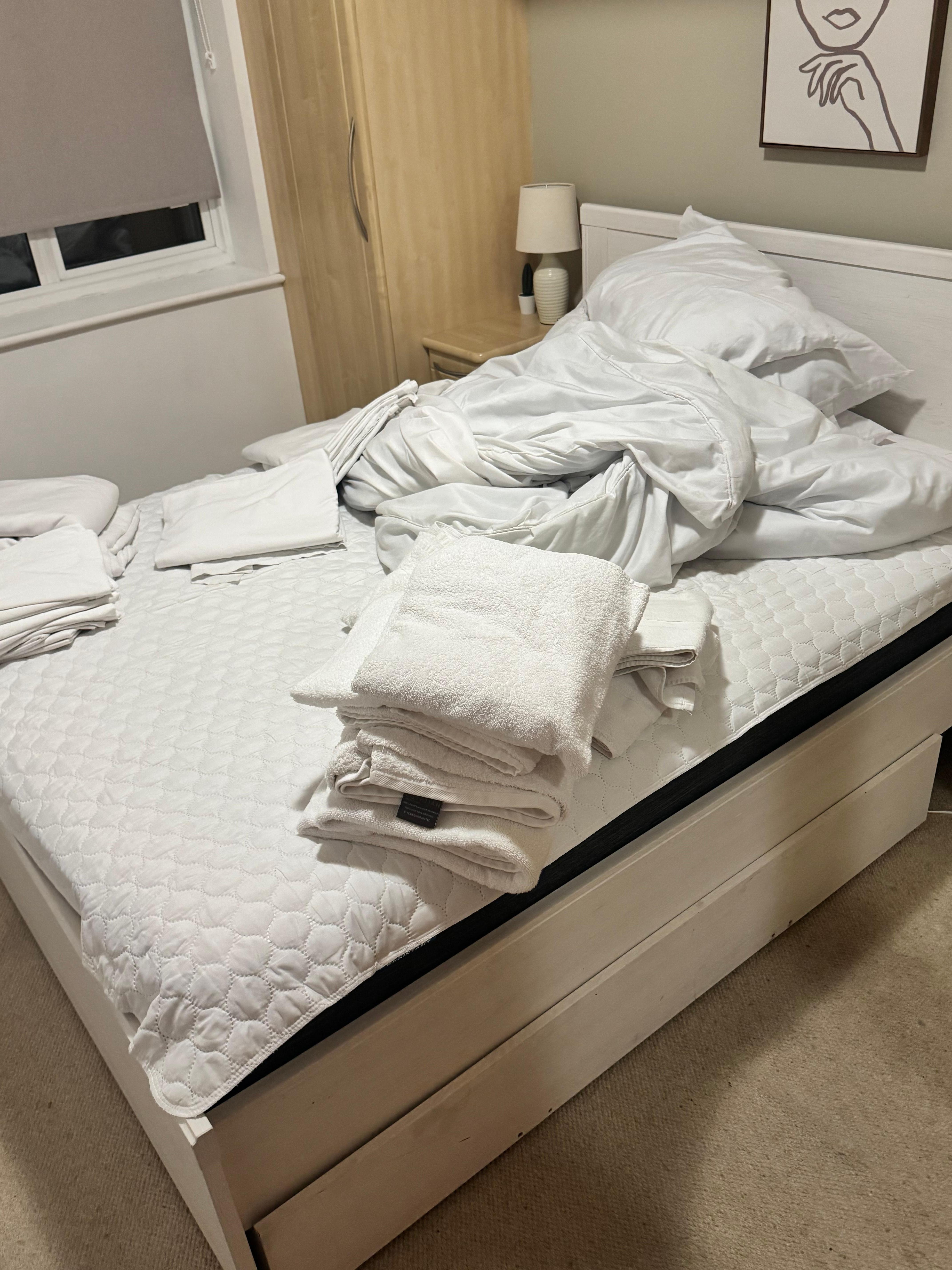 Airbus in living room with used linen.