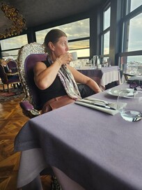 Enjoying a morning cappuccino in the restaurant