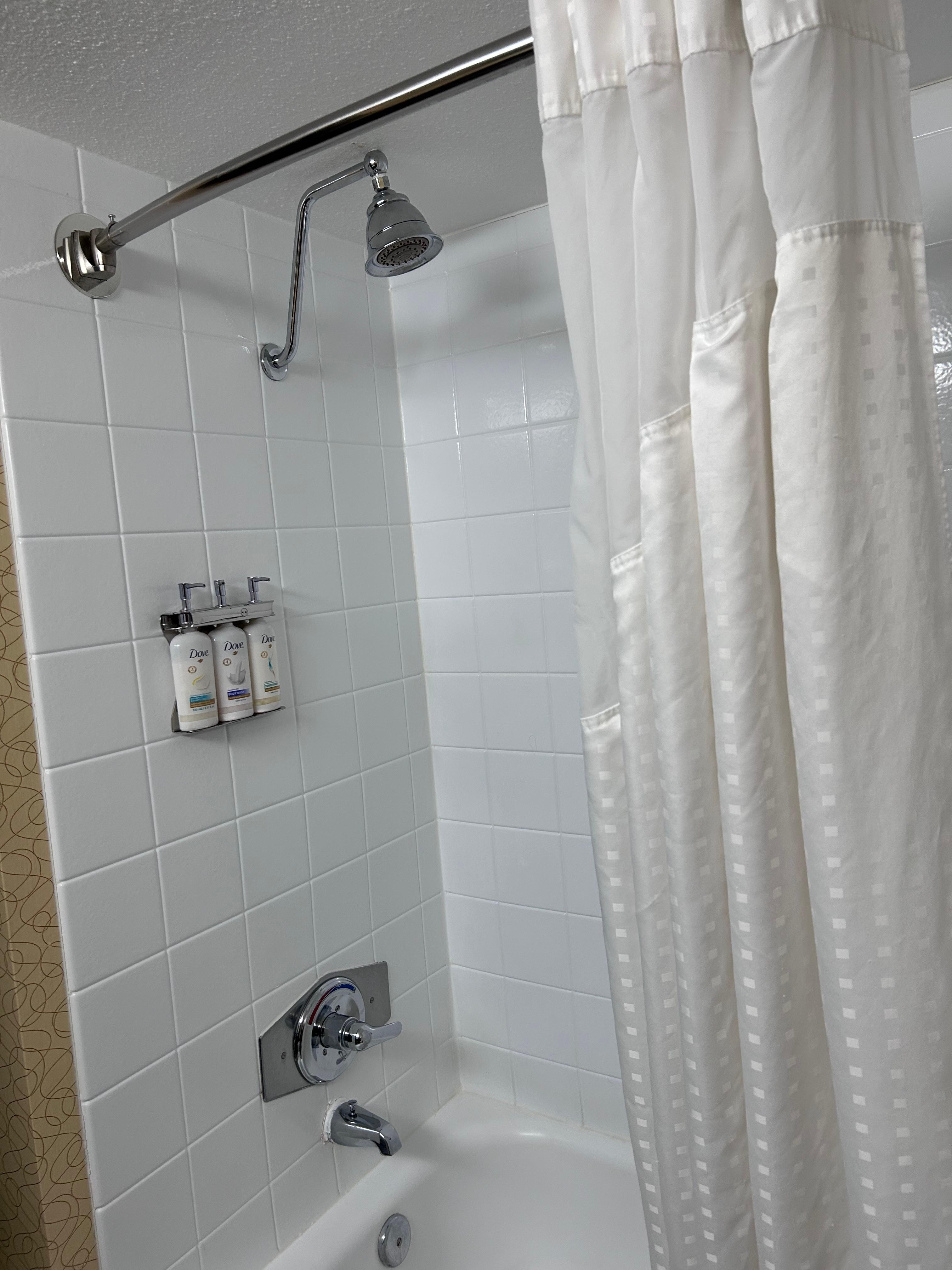 clean shower with multiple shower products , dove product products I think