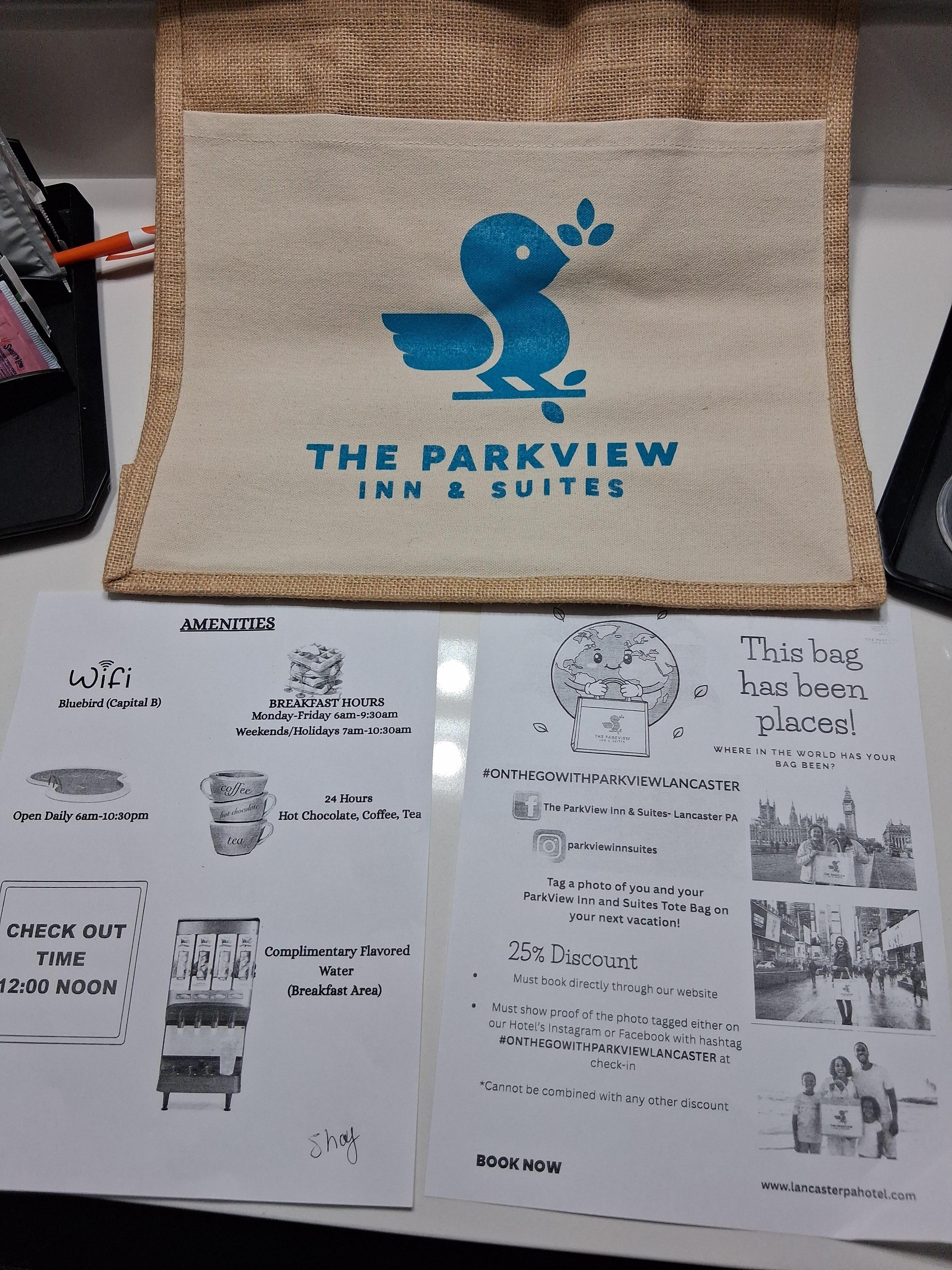 Blue bird welcome bag and helpful info sheets 