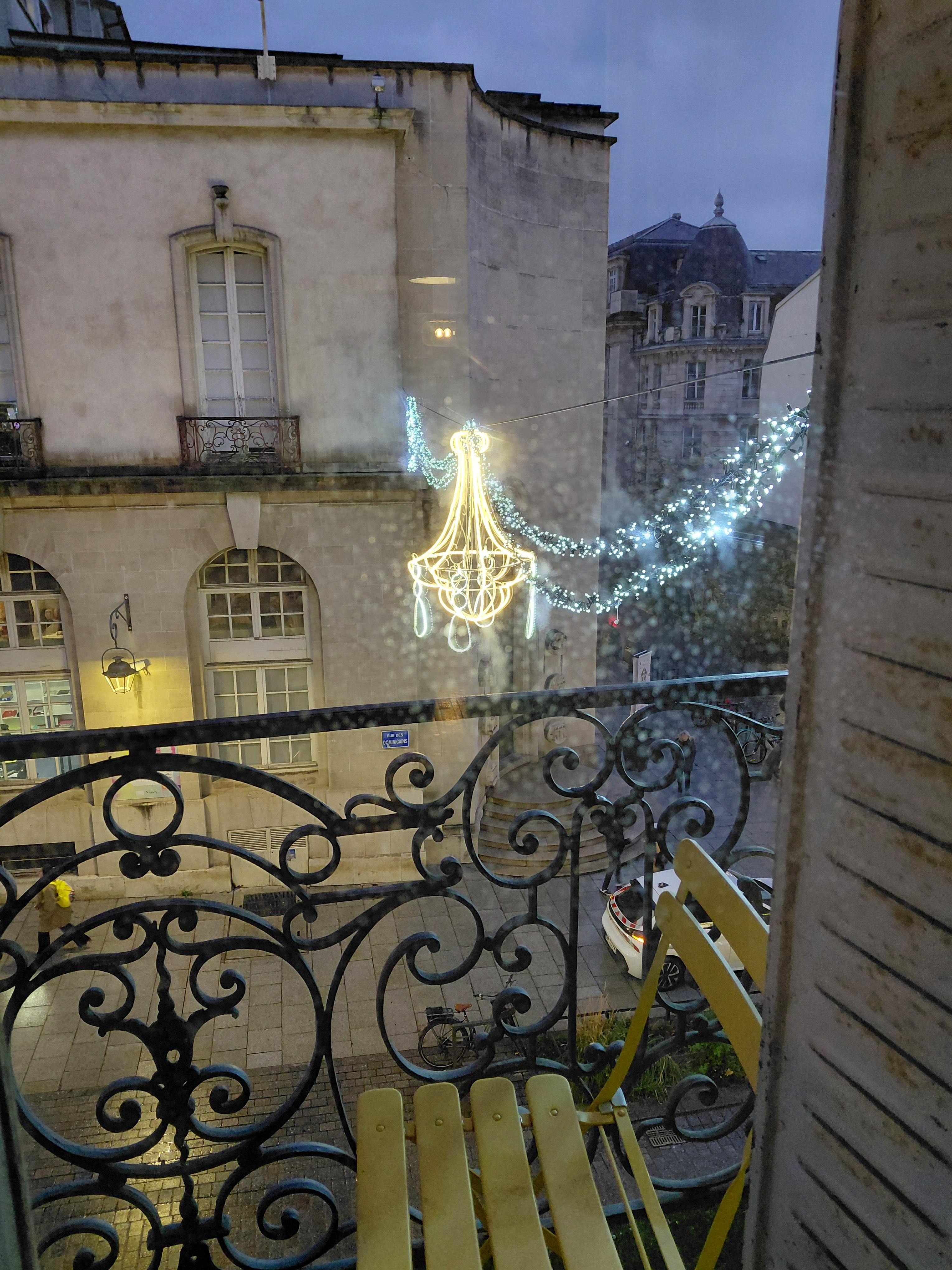 Christmas lights in the snow -- you can see parades and decorations from the balcony!
