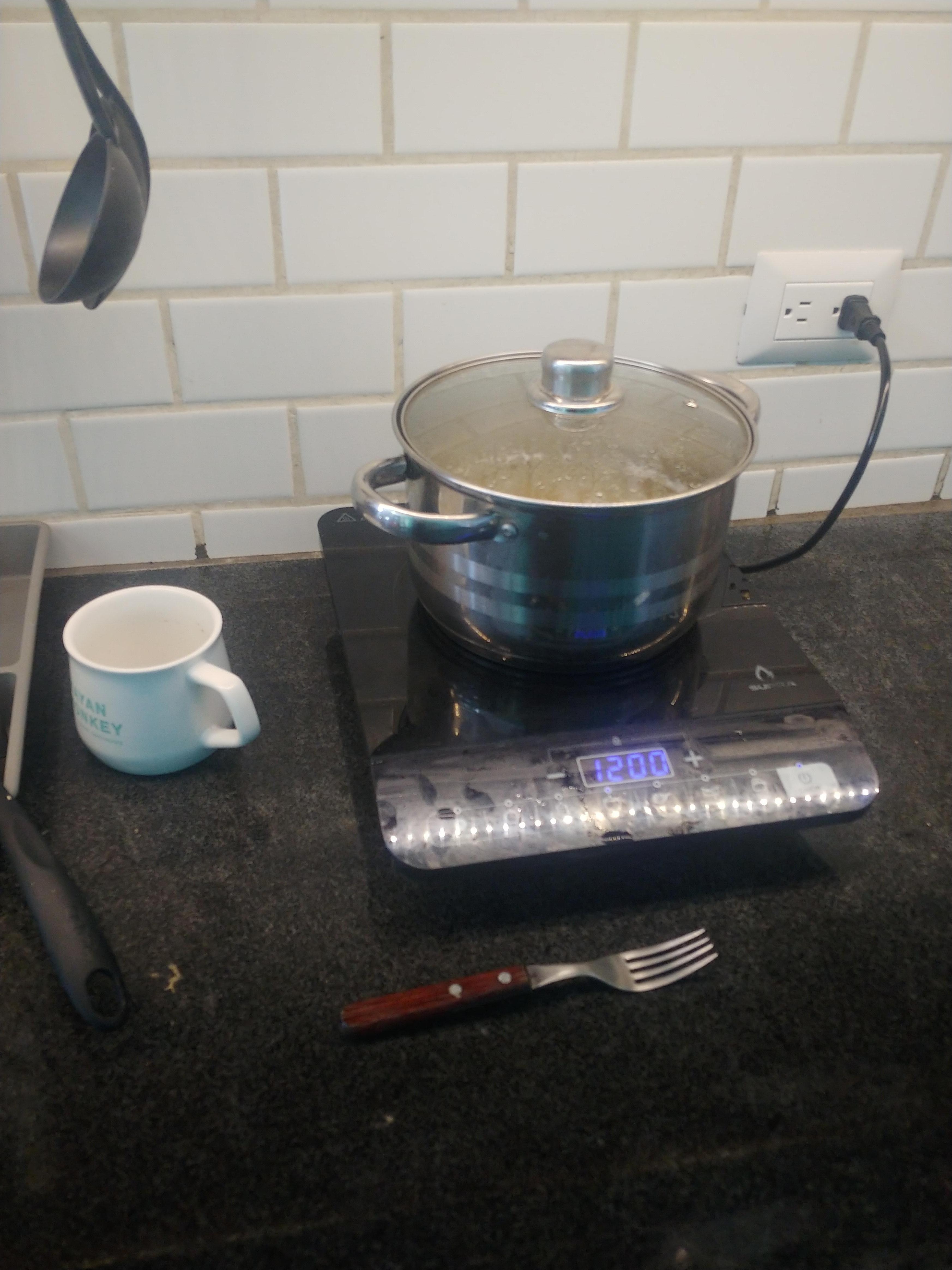 L'unique petit rond pour cuisiner. Le 23 janvier, il n'y avait qu'une seule fourchette et une seule tasse, pour 27 unités d'hébergement.