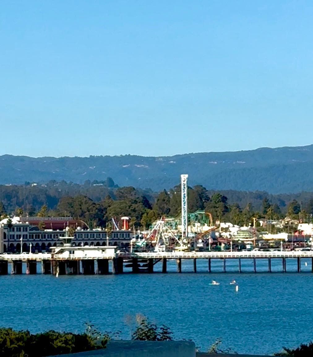 Amusement park on the boardwalk seen from the front deck. 