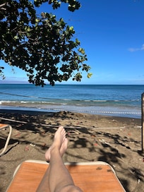 Lounging on the chairs set up at the resort