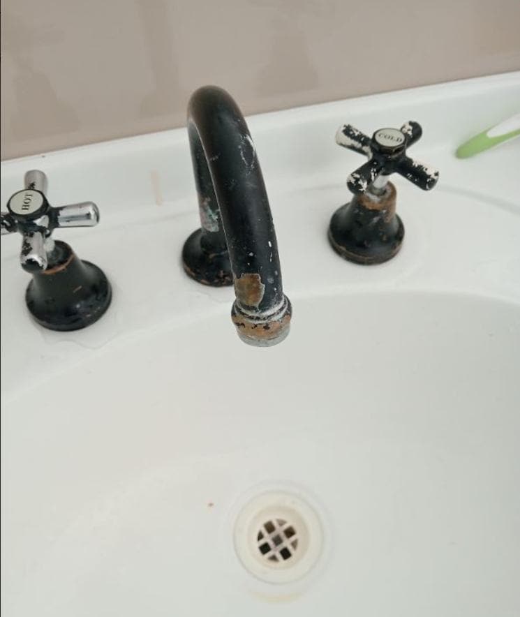 Misty Mountain tapware and stained vanity in the "Pristine" bathroom