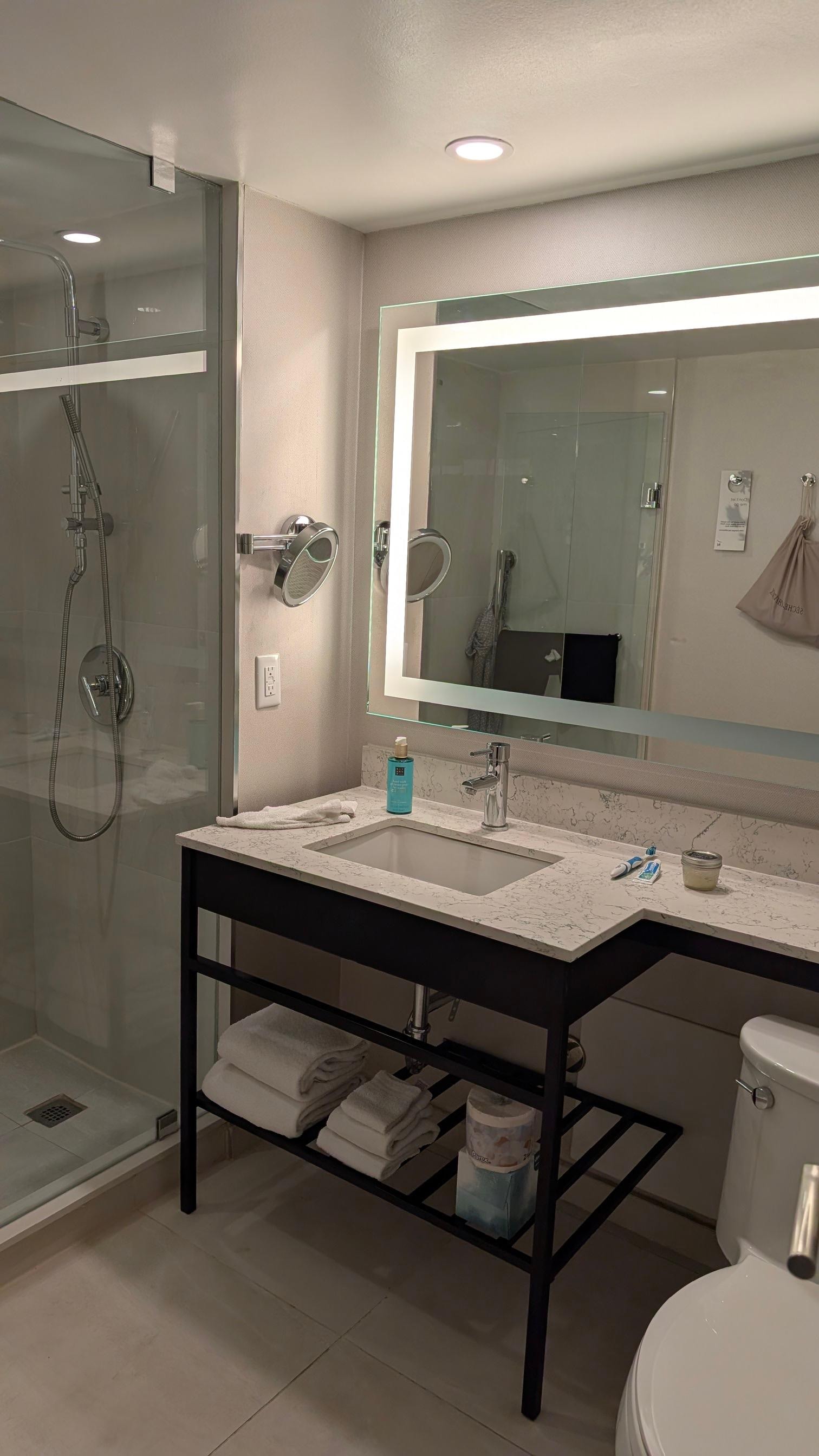 The bathroom was spacious and bright. 