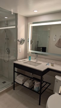 The bathroom was spacious and bright.