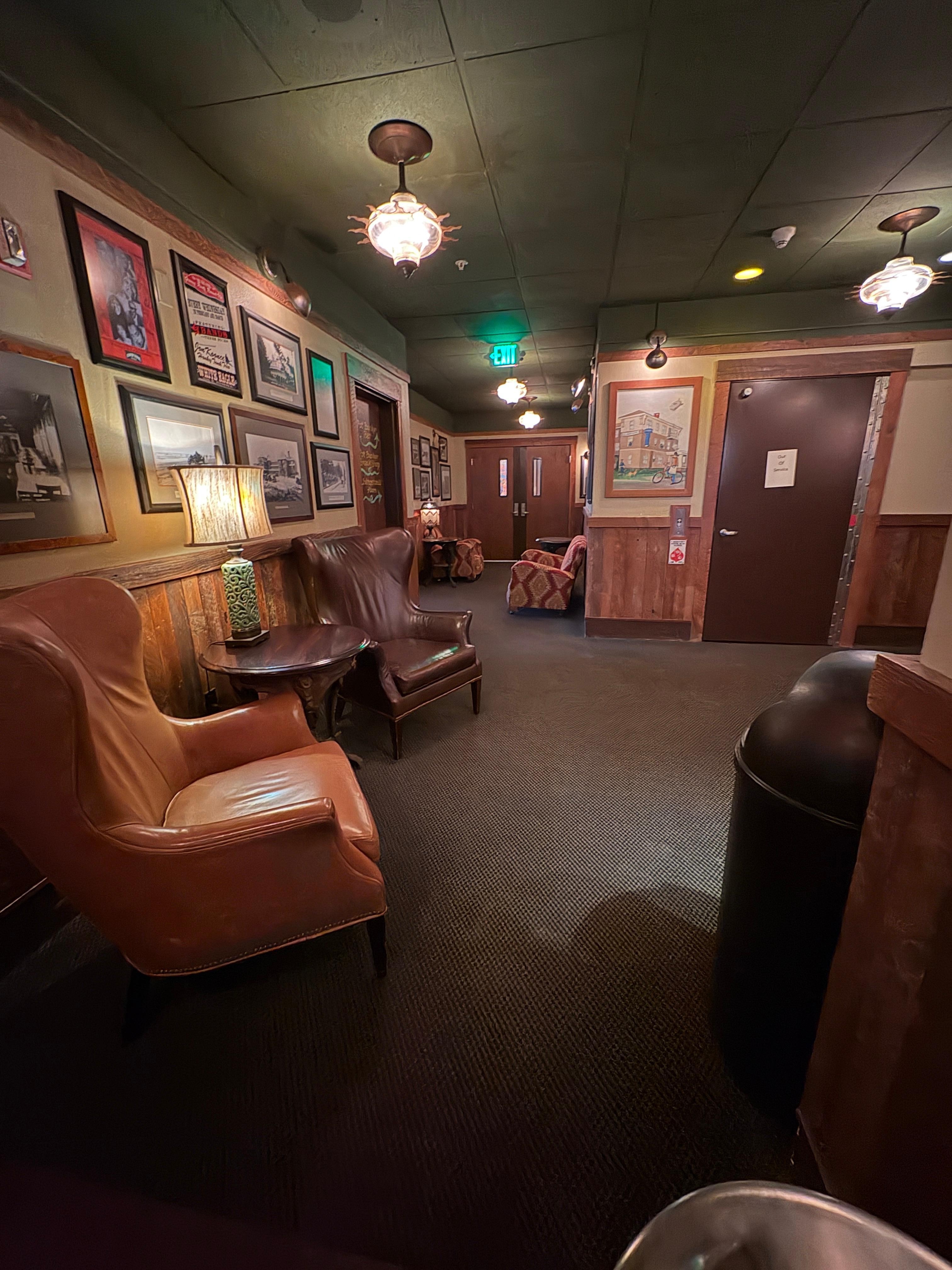 Down stairs, hotel common area.