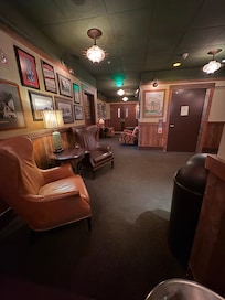 Down stairs, hotel common area.