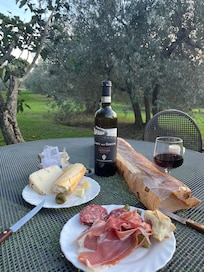 Lunch in the olive tree garden outside the room