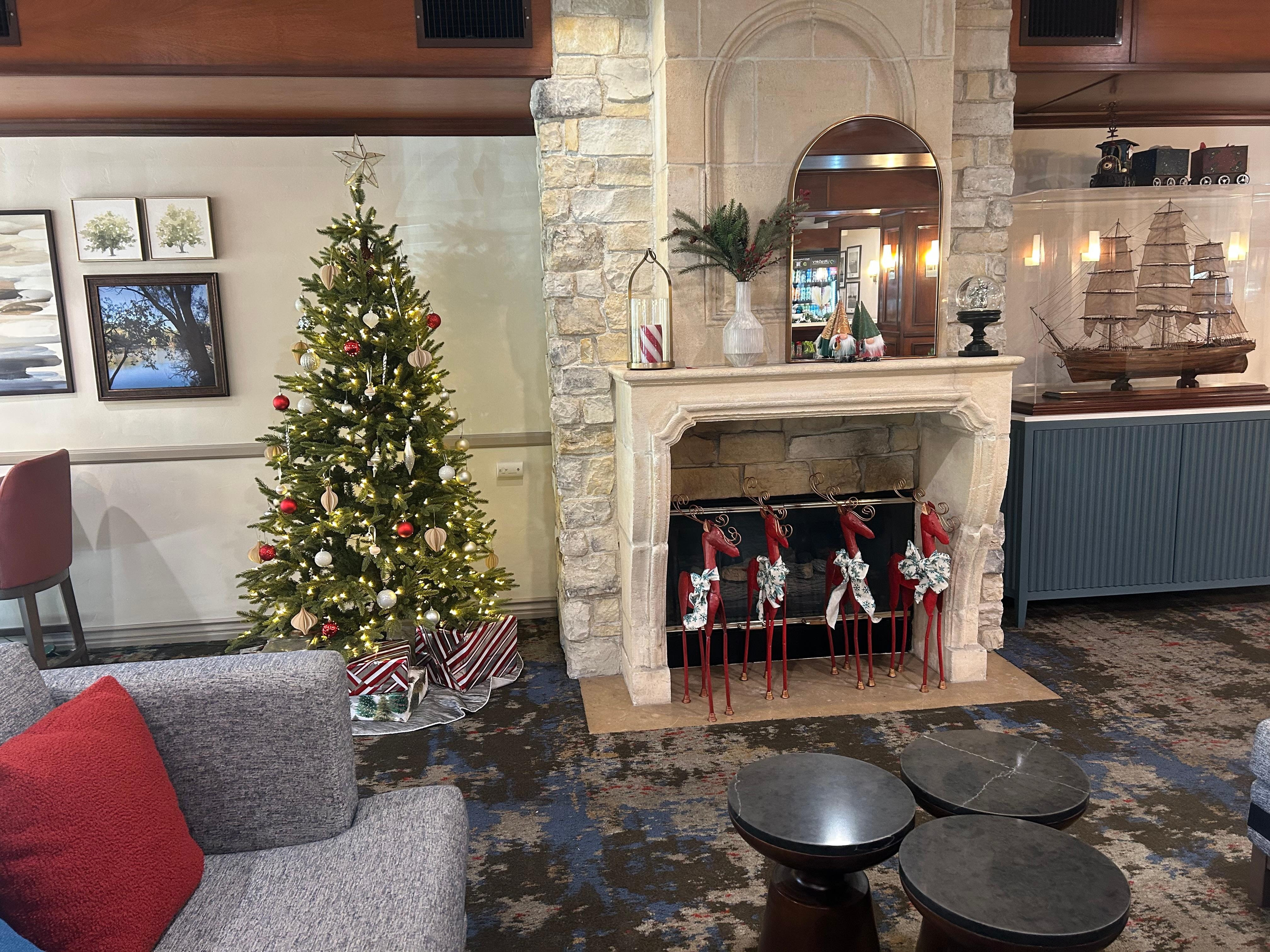 Lobby is beautifully decorated for holidays. 